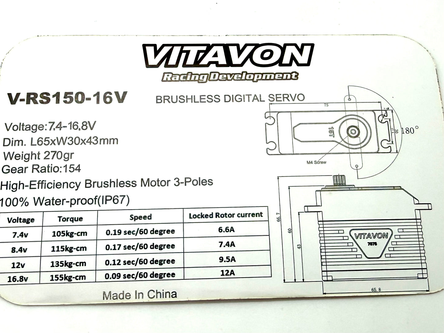 VITAVON V-RS150-16V 150KG SERVO FOR 1/5 VEHICLES